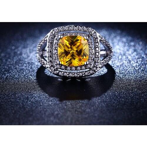 Luxury high quality yellow zircon pave on women wedding rings jewelry engagement silver plated gift wholesale hot