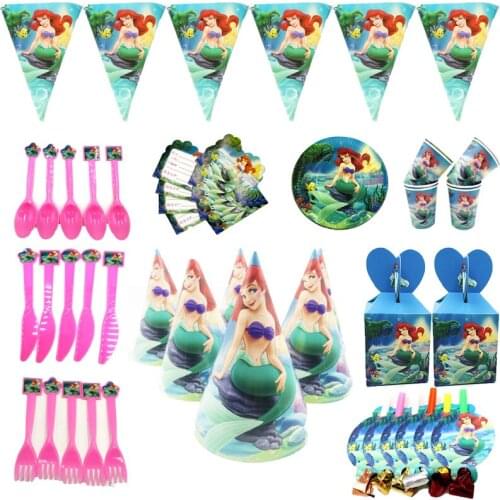 Little Mermaid Party Supplies Tablecloth Candy Popcorn Box Straw Plate Banner Girls Favors Kids Birthday Party Decoration