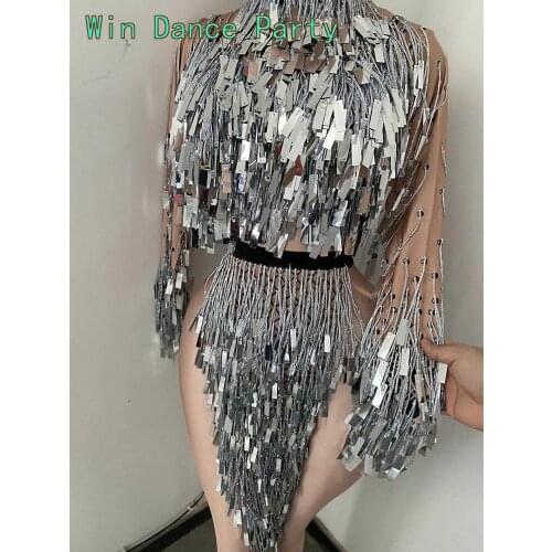 Flashing Silver Sequins Fringe Top Skirt Women Dancer DS Show High-collar Outfit Birthday Long Sleeves