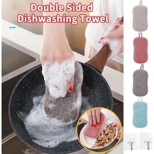 4PCS Double Side Reusable Dish Sponge Microfiber Scouring Sponge With 2 Sticky Hooks Household Kitchen Cleaning Brushes Tools