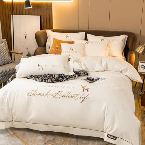 2020 Hotel Style Egypt Cotton Sanding Elk Bedding Set Embroidery Warm Duvet Cover Flat Fitted Sheet Pillowcases 4Pcs