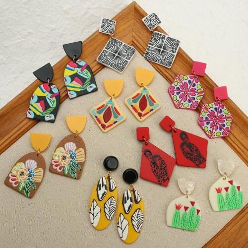 AENSOA 2020 New Fashion Geometric Acrylic Geometric Earrings Graffiti Irregular Colorful Print Long Dangle Earrings Jewelry Gift