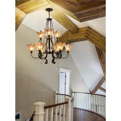 Antique Brown glass lampshade chandeliers led lustres Living room large black iron chandelier for home vintage Cafe Lighting