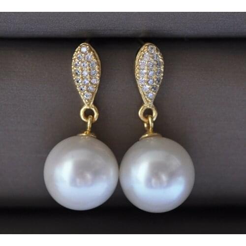 Z11079 AAA 10mm White Round Freshwater Pearl Dangle Earring 925silver