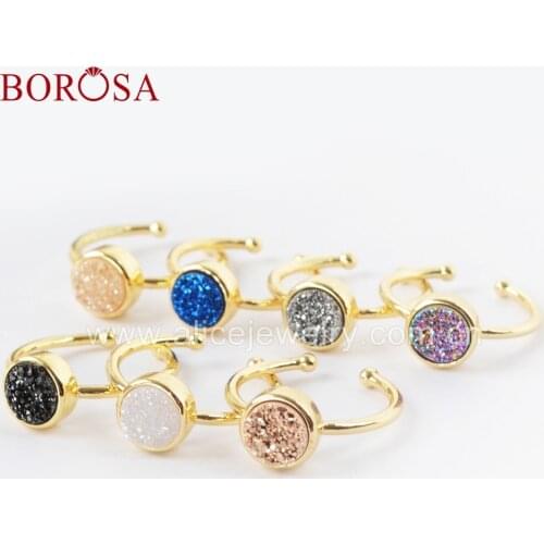 BOROSA 10PCS 9mm Stone Round Gold Plated Natural Agates Titanium Rainbow Druzy Ring Size 6.2 Open Party Rings for Women ZG0361