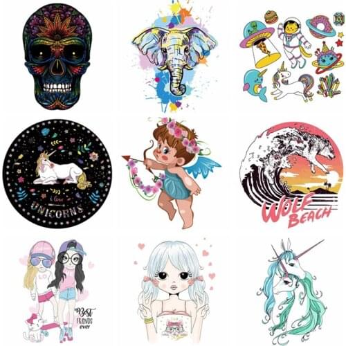 Colorful Animal Patch Iron on Transfer Skull Unicorn Angel Girls Patches For Clothing DIY T-shirt Applique Heat Transfer Vinyl