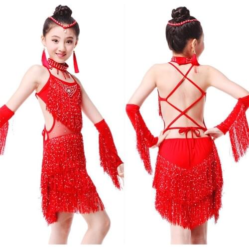 Children Latin Dance Dress for Girls Fringe Skirt Salsa Tango Performance Dance Costumes Tassel Ballroom Dance Dress for Kids