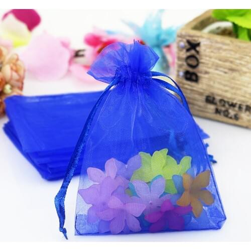 Hotsale 500pcs/lot Royal Blue Organza Bags 7x9cm Small Christmas Drawstring Gift Bag Charms Jewelry Packaging Bags & Pouches