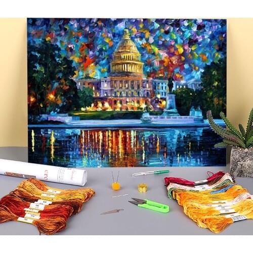 Capitol At Night Washington Printed Canvas 11CT Cross-Stitch Patterns Embroidery DMC Threads Knitting Craft Painting Design