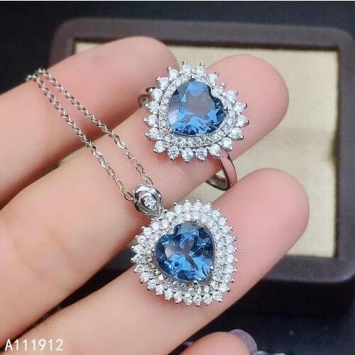 KJJEAXCMY fine jewelry natural blue topaz 925 sterling silver women gemstone pendant necklace ring set support test beautiful