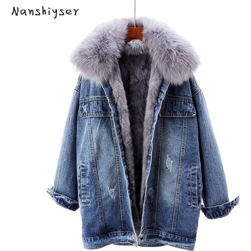 Korean loose Removable Rabbit Fur Liner Fox Fur Collar Hole Denim Jacket Women Winter New Thicken Warm Cotton-Padded Parka Coats