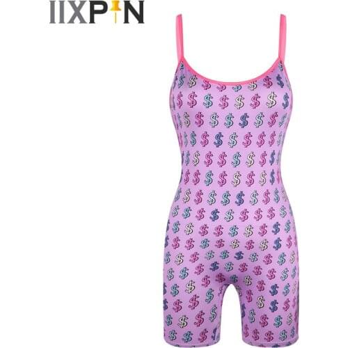 Summer Women Jumpsuit One-piece Bodysuit Leotard Fashion Dollar Printed Leotard Short Jumpsuit Running Sports Fitness Loungewear