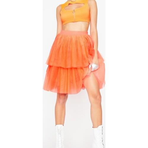 Fashion Hot Orange Mid Ruffles Tulle Skirts Side Zipper 2020 High Street Knee Length Women Tutu Skirt Custom Made