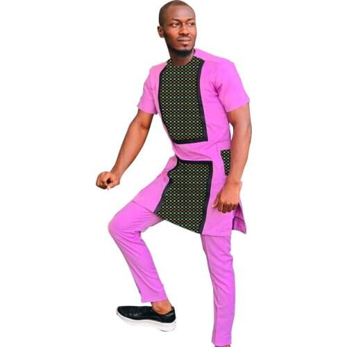 Rose Red Cotton Mens Clothes Short Sleeve Tops+Pant African Festival Male Suits Wedding Party Wear Customized