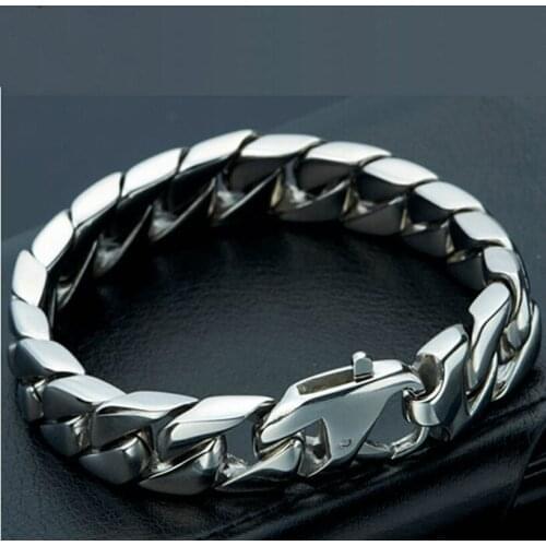 New High Quality Silver Tone Stainless Steel Casting Wide Heavy Curb Cool Bracelet Granny Chic Mens Chain
