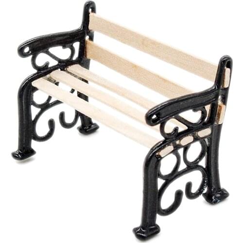 Odoria 1:12 Miniature Wooden Park Bench Chair with Iron Art Armrest Outdoor Garden Furniture Dollhouse Accessories Decoration