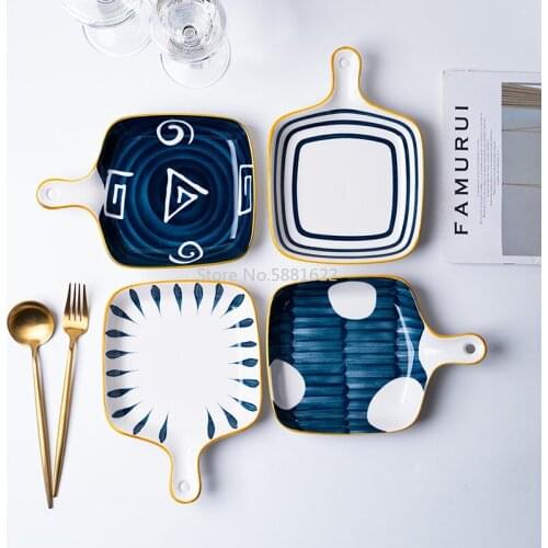Japanese Hand-painted Underglaze Hand-handled Plate with Handles Baking Tray Oven Creative Household Tableware Nordic