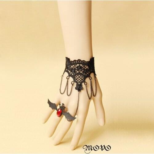 Princess gothic Lolita jewelry Black lace bracelet rring set female wristiest vintage accessories red crystal lvampire bat WS-91