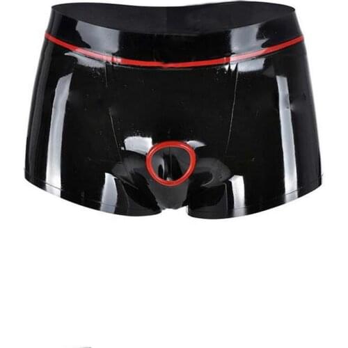 Rubber Latex Male Boxer Shorts Tight Panties with Front Penis Hole Ring Man Underwear