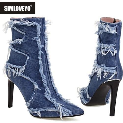 SIMLOVEYO 2021 New Autumn Design Ripped Denim Ankle Boots Pointed Toe Stiletto High Heel Zip Fur inside Small Size 33-45 S2478