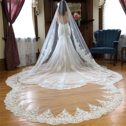 3M Length Wedding Veil Long 1T Cathedral White Ivory Lace Hem Bridal Veils with Comb Wedding Veil 3M Width