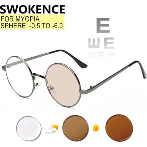 SWOKENCE Photochromic Nearsighted Spectacles Prescription -0.5 TO -10 Women Men Alloy Frame Discolored Lens Myopia Glasses F510