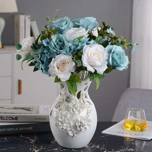 Emboss Hollow-Carved Vases Home Decoration Handicraft Wedding Living Room Wine Cabinet Table Simulation Silk Flower Ceramic Vase