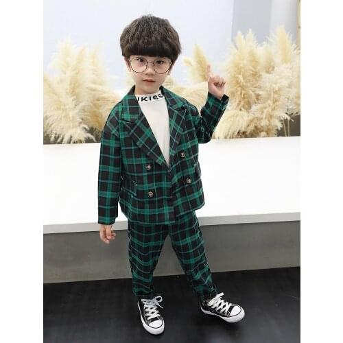 Green Plaid Double breasted Boys Coat And Pants Clothing Sets New Spring Baby Boy Casual Blazer For Party Kids Piano Blazer