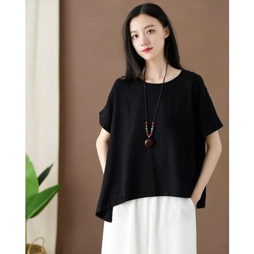 Women Summer Irregular Length Tops Tees Shirt Ladies Solid Color Vintage Plus Size Shirt 2019 Female Retro Simple Cotton Linen