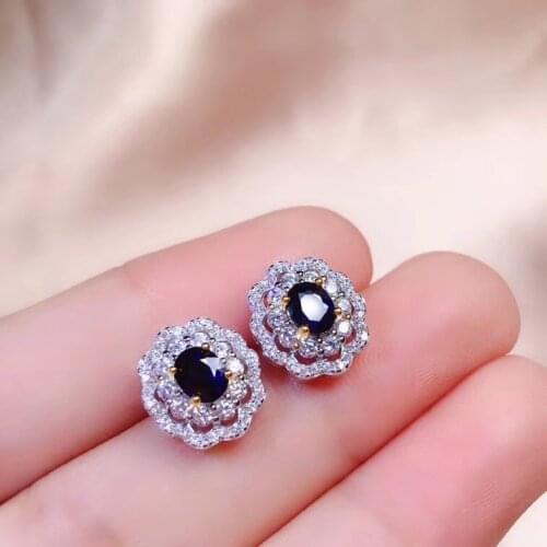 Fashion Lovely round peony natural black sapphire stud earrings Natural gemstone earrings S925 silver women party gift jewelry