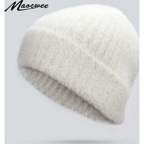 Women Winter White Hats Beanies Knitting Rabbit Wool Fur Hat Female Skullies Caps Gorros Solid Color Cap 2018 Ski Mask Cap Gorro