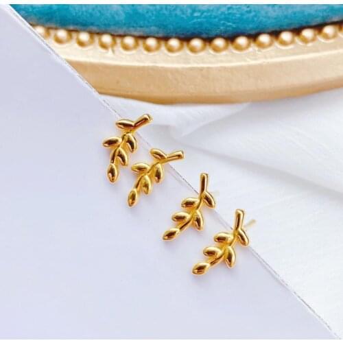 MADALENA SARARA Pure Au999 Gold Earrings Simple Leaf Type Women Earrings 24K Yellow Gold Handmade