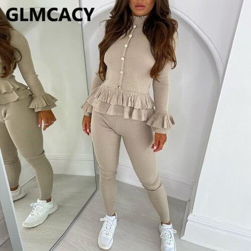 Women Solid Elegant Two Piece Suits Long Sleeve Ruffles Top and Skinny Pants Set