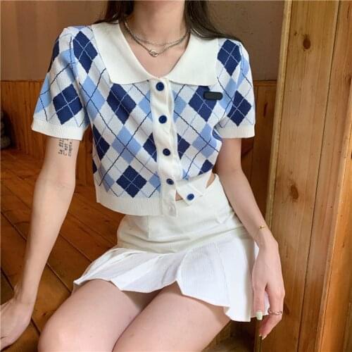 Retro Y2K Argyle Knitted Cardigan Women 2021 Summer Fashion Polo Neck Slim Single Breasted Short Sleeve Causal Crop Tops