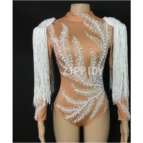Bodysuit Womens Oufit Flashing Rhinestones Pearls Tassel Spandex Bodysuit Female Singer Dancer Costume Nightclub Party Show