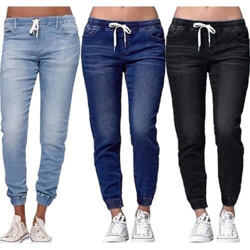2021 Fashion Denim Pants Women Plus Size Casual Foot lantern Drawstring Elastic Waist Jeans Loose Denim Long Pants Women Jeans