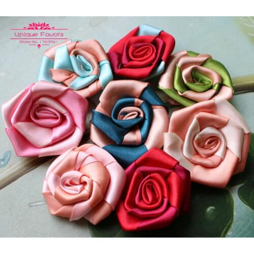 25pcs Chic Bicolor Patchwork Satin Rolled Flowers 65mm Handmade Decorative Flowers Wedding Corsage, Brooch, Headband, DIY Craft