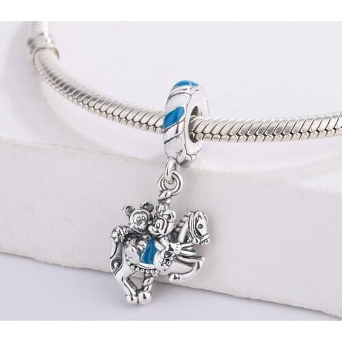 925 Sterling Silver Blue Enamel Mickey Minnie Sitting On The Carousel Pendant Charm Bracelet DIY Jewelry For Original Pandora