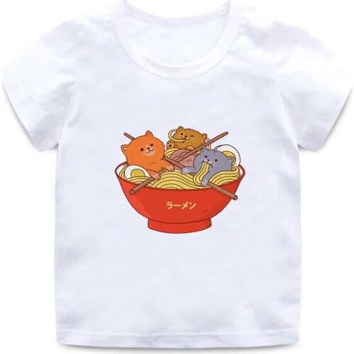 Childrens short-sleeved t-shirt European and American fashion kitten eating ramen round neck summer boys and girls t-shirts