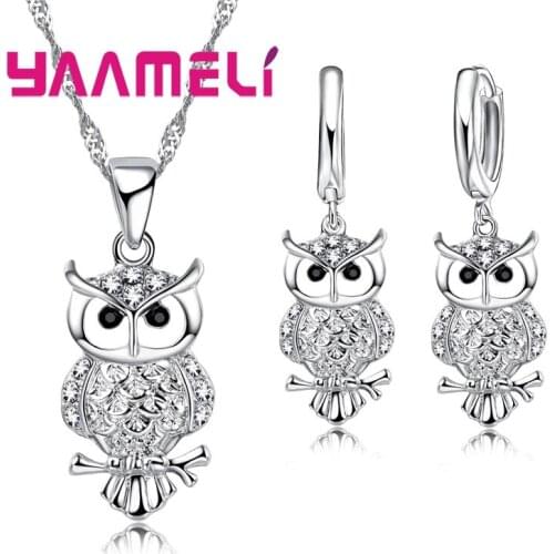 Shining Full African AAA Crystal Owl Pendant Necklace Earrings Sets Women Best Gifts 925 Sterling Silver Party Accessory