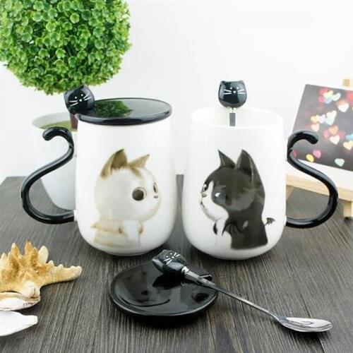 Cute Cat Pattern Ceramic Coffee Mug with Spoon and Cover Creative Big 450ML Healthy Cat Coffee Mug Cup Tumbler Travel Mug