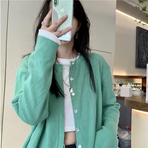Fashion Solid Color Knit Cardigan Autumn 2021 Loose Long Sleeve Single Breasted Korean Sweaters Womens Basic Streetwear
