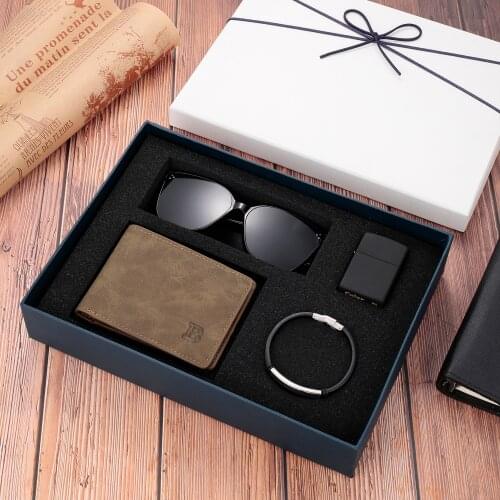 PU Leather Wallet Sunglasses Lighter Men’s Bracelet Four-piece Set The Best Gift for Boyfriend Customized Men’s Gift Box