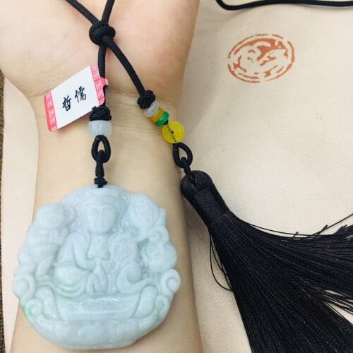 Natural Burmese Emerald Jade Carved Stereo Grape Pendant with Hand-knitted Tassel Necklace Mens Womens Sweater Chain