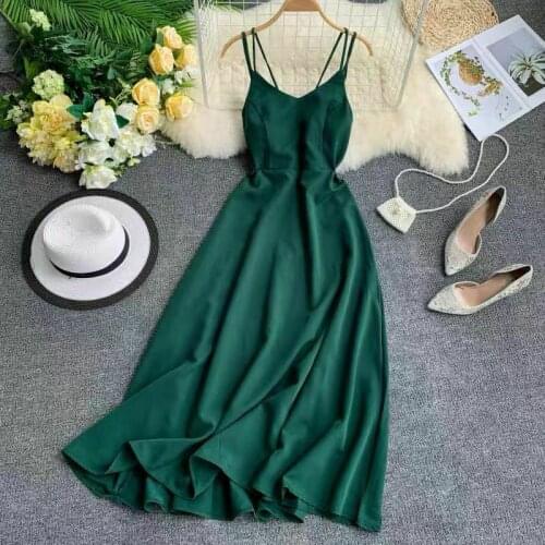 Length Dress Women Dress Spaghetti Strap Cross Open Back Solid Beach Style Ankle