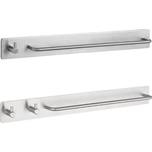 Self-Adhesive Brushed Finish Stainless Steel Towel Bar Rack with Hook Hand Bath Towel Holder Storage Organizer for Bathroom