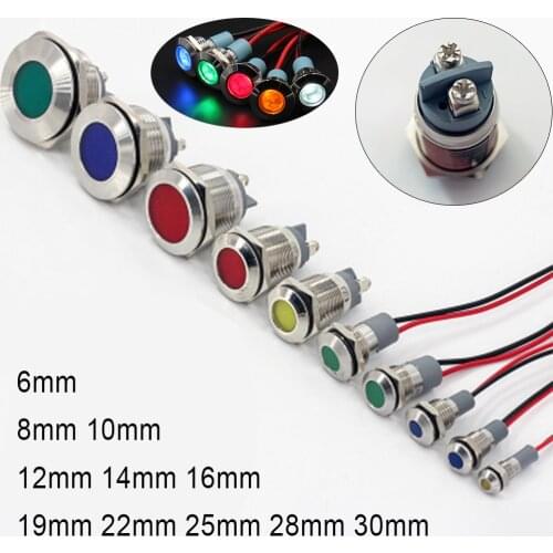 8/10/16/19/22mm Wire Light Indicator Led 220v Motorcycle Signal DC 12v 24v Red Green Beacon Pilot Light Led for Car Accessories