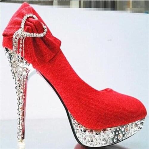 New elegant fashion shiny crystal bow womens shoes wedding shoes high heels shallow mouth round head stiletto single shoes 11cm