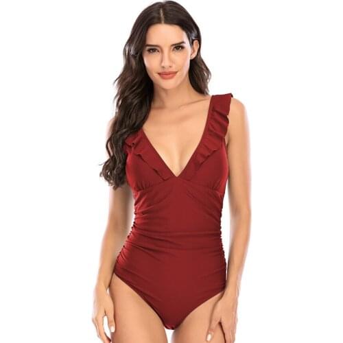V-Neck Plus Size One Piece Swimsuit Women Falbala High Waisted Bathing Suits Cut Out Monokini Ruffle Bikinis Swimwear Bodysuit
