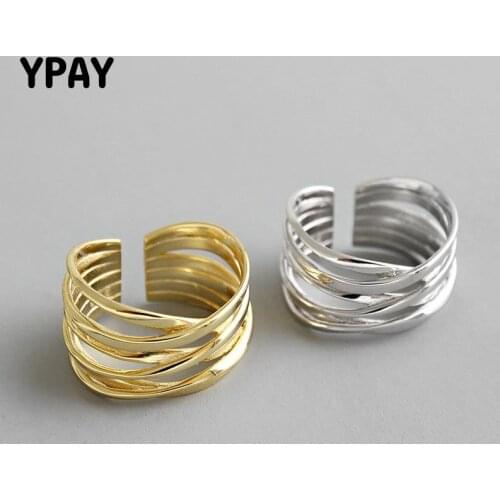 YPAY Pure 925 Sterling Silver Adjustable Ring INS Minimalist Multi-layers Weaving Line Finger Rings Womens Fine Jewelry YMR653